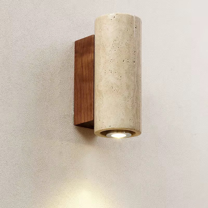 Travino Round – Natuurlijke Travertijn Wandlamp met Houten Accenten