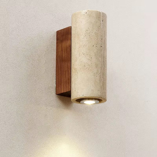 Travino Round – Natuurlijke Travertijn Wandlamp met Houten Accenten