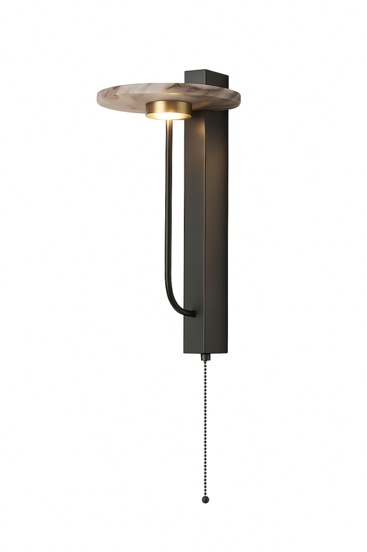 Luxe Moderne Wandlamp ‘Siena’ – Marmeren Sfeerverlichting met Trekkoord & Zwart Metalen Behuizing