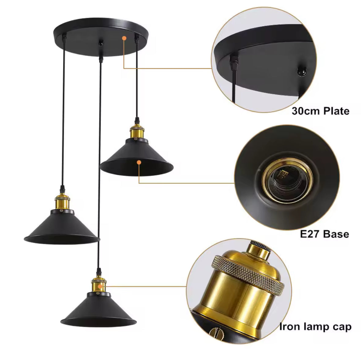 Aurum Triventi – Industriële Hanglamp Zwart & Goud (3-Lichts)