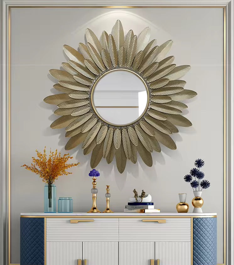 Solaria Zonnestraal Luxe Wandspiegel – Goudkleurig Metalen Bladdesign (Ø 82 cm)