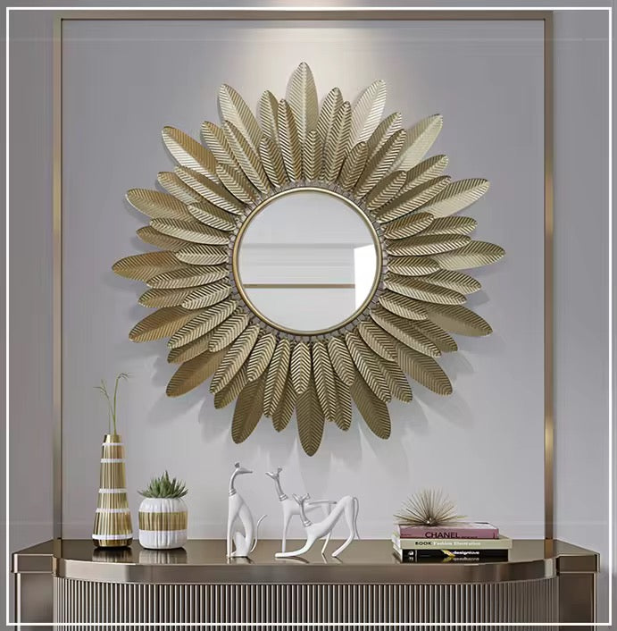 Solaria Zonnestraal Luxe Wandspiegel – Goudkleurig Metalen Bladdesign (Ø 82 cm)