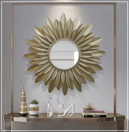 Solaria Zonnestraal Luxe Wandspiegel – Goudkleurig Metalen Bladdesign (Ø 82 cm)