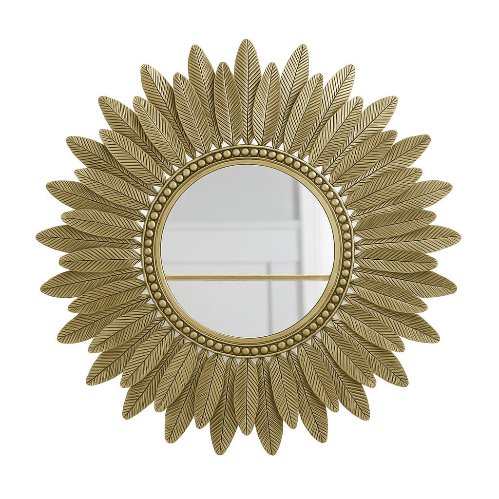 Solaria Zonnestraal Luxe Wandspiegel – Goudkleurig Metalen Bladdesign (Ø 82 cm)