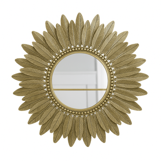 Solaria Zonnestraal Luxe Wandspiegel – Goudkleurig Metalen Bladdesign (Ø 82 cm)