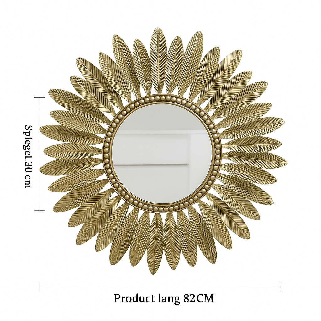 Solaria Zonnestraal Luxe Wandspiegel – Goudkleurig Metalen Bladdesign (Ø 82 cm)