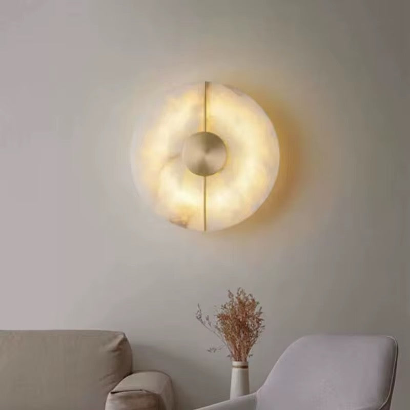 "Halo Stone – Luxe LED Wandlamp Rond | Goud & Marmerlook | Voor Woonkamer, Hal, Slaapkamer