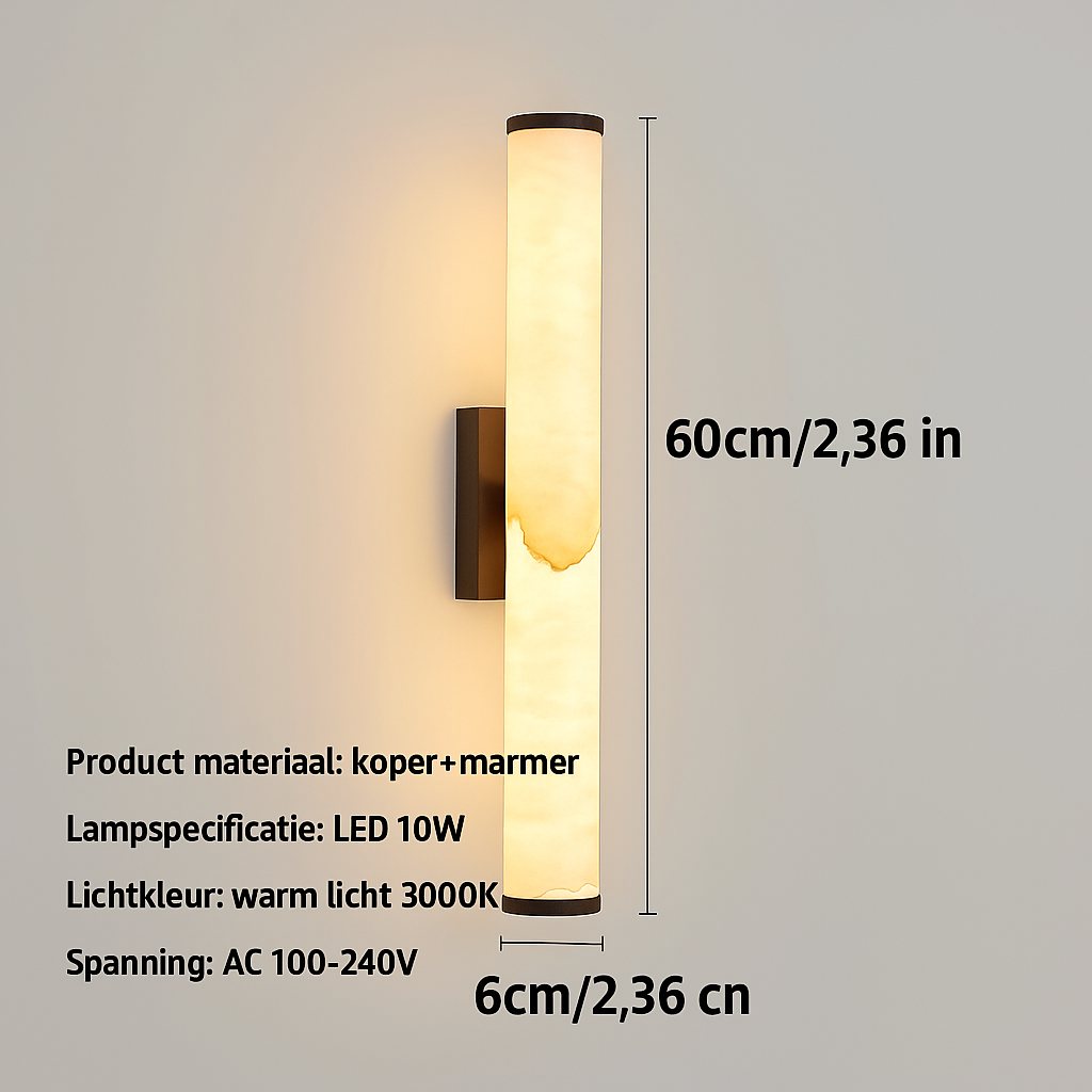 LumaCyl Luxe Marmeren Wandlamp Verticaal – Moderne Koper & Marmer LED Wandverlichting 60cm | Warm Wit Licht voor Woonkamer, Badkamer of Hal
