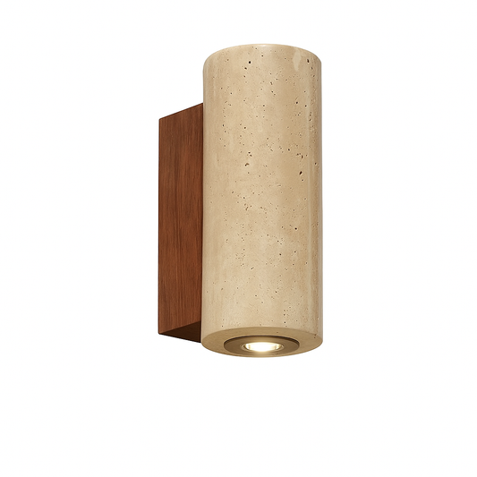 Travino Round – Natuurlijke Travertijn Wandlamp met Houten Accenten